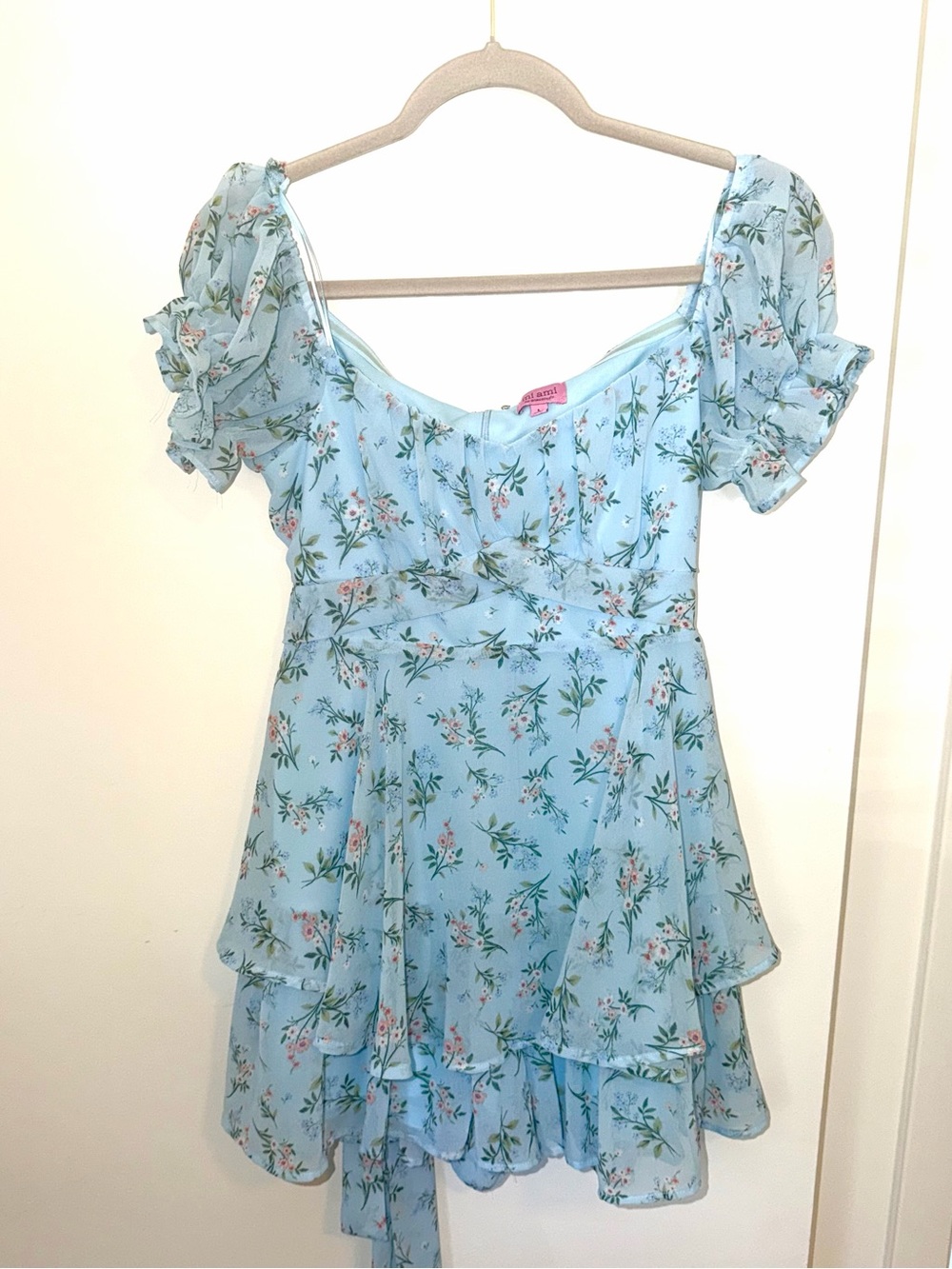 Mi Ami by Francesca’s Light Blue Floral Romper with Ruffle Hem
